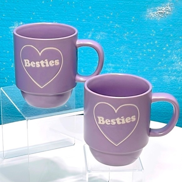 Other - NEW BESTIES Coffee Cup Set of 2 Matching Mugs Purple Hearts Stackable Friendship